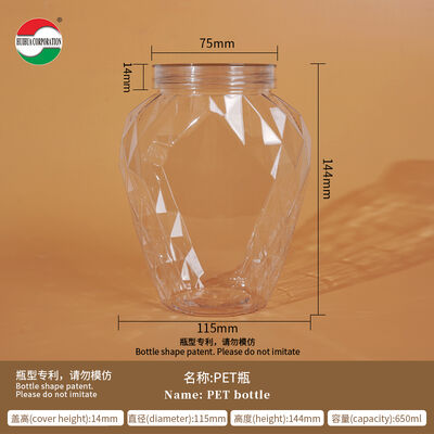650ML Rhombus Shape PET Plastic Jar with Plastic Lid Food Grade Packaging Container Clear Bottle